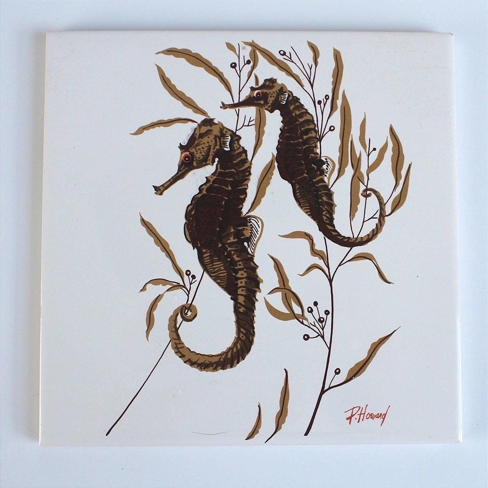 Vintage Screencraft Cape Cod Seahorse Ceramic Tile Trivet Phyllis Howard